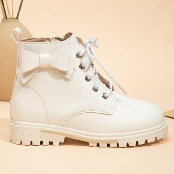 Girls Bow Decor Zip Side Lace-up Front Combat Boots White/EUR27 - Picture 3 of 8